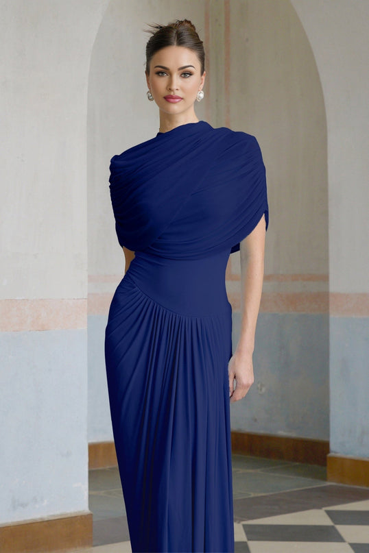Pierina Navy Blue Maxi Dress with Shawl Design and Pleated Detailing