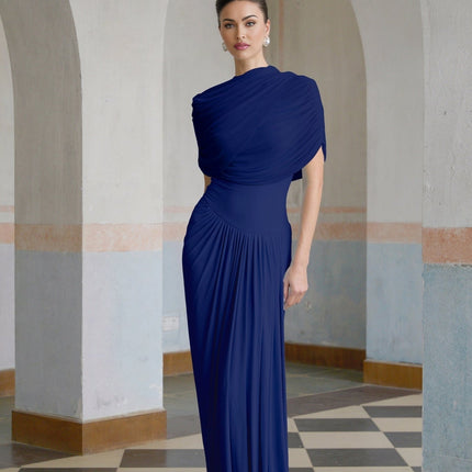 Pierina Navy Blue Maxi Dress with Shawl Design and Pleated Detailing