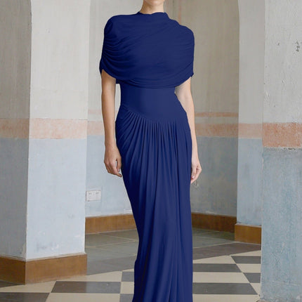 Pierina Navy Blue Maxi Dress with Shawl Design and Pleated Detailing