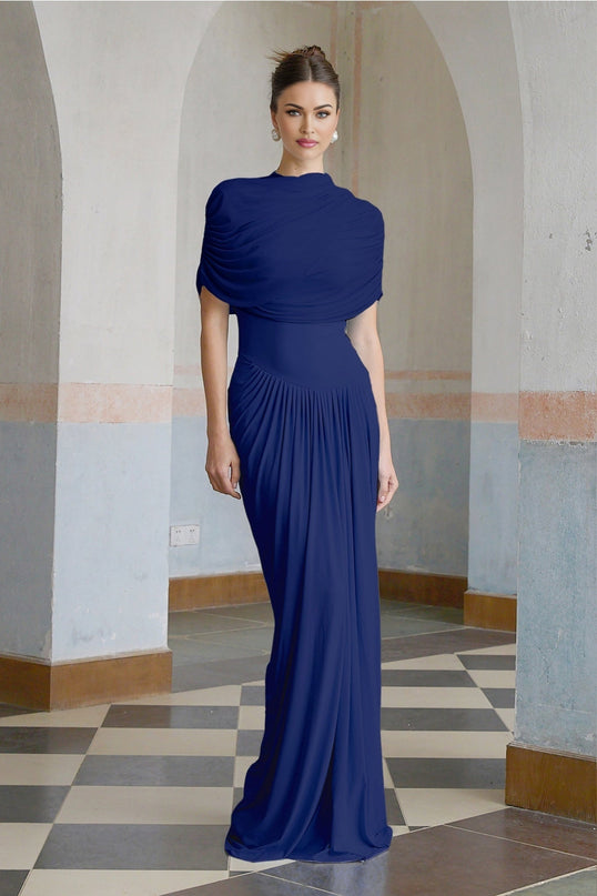 Pierina Navy Blue Maxi Dress with Shawl Design and Pleated Detailing
