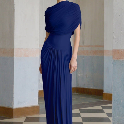 Pierina Navy Blue Maxi Dress with Shawl Design and Pleated Detailing