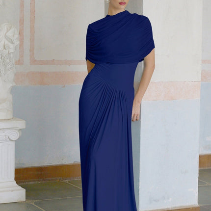 Pierina Navy Blue Maxi Dress with Shawl Design and Pleated Detailing