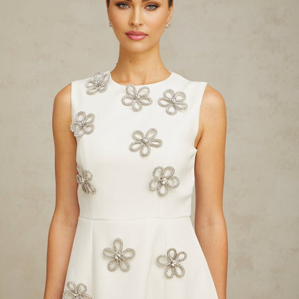 Pierina White Mini Dress Flower Bloom & Crystal Terylene Fiber A-line Crew Neck Sleeveless Dart Detailing Rear Zip Fastening Thigh-Length Elegant Versatile Sophisticated