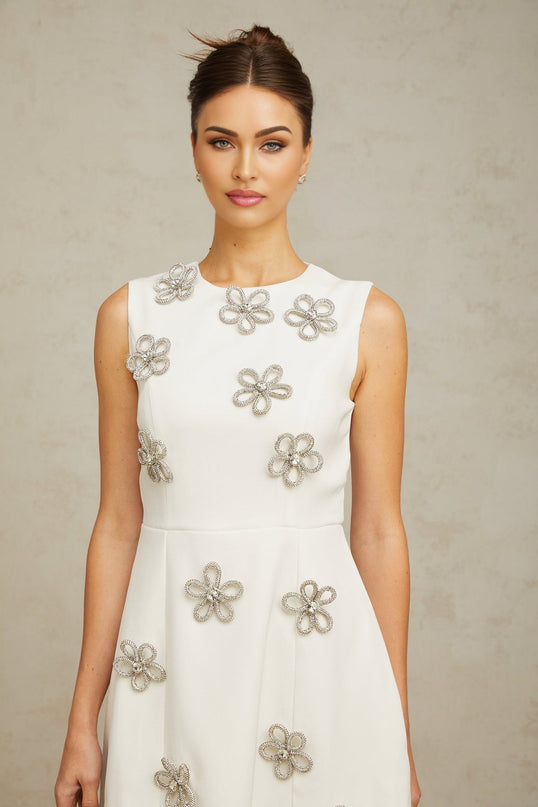Pierina White Mini Dress Flower Bloom & Crystal Terylene Fiber A-line Crew Neck Sleeveless Dart Detailing Rear Zip Fastening Thigh-Length Elegant Versatile Sophisticated