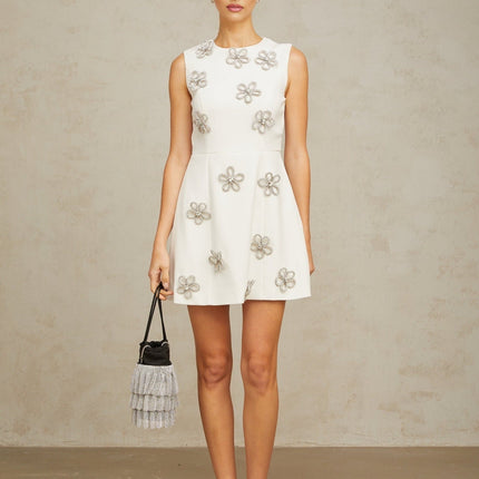 Pierina White Mini Dress Flower Bloom Crystal Terylene Fiber A-Line Sleeveless Crew Neck Dart Detailing Rear Zip Fastening Thigh-Length Women's Dress
