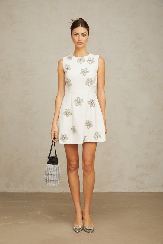 Pierina White Mini Dress Flower Bloom Crystal Terylene Fiber A-Line Sleeveless Crew Neck Dart Detailing Rear Zip Fastening Thigh-Length Women's Dress