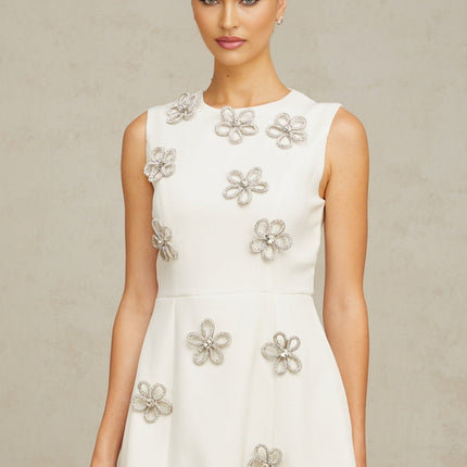 Pierina White Mini Dress Flower Bloom Crystal Terylene Fiber A-Line Crew Neck Sleeveless Dart Detailing Rear Zip Fastening Thigh-Length Elegant Versatile Women's Dress