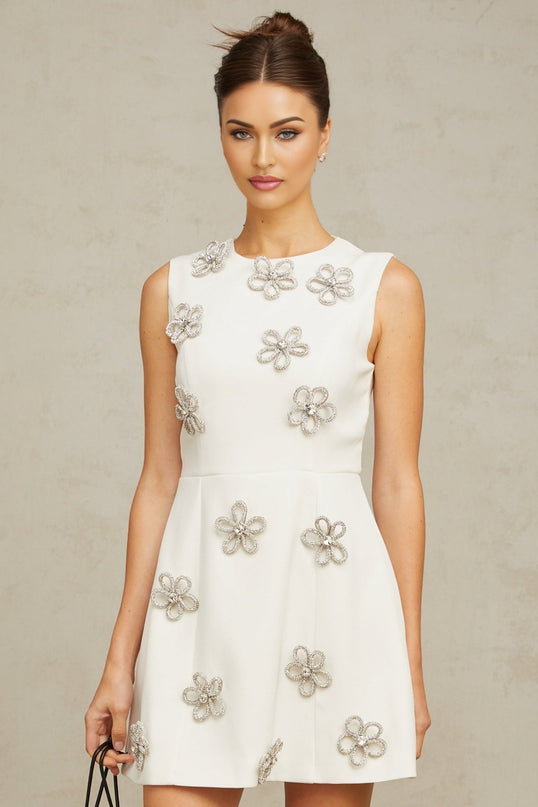 Pierina White Mini Dress Flower Bloom Crystal Terylene Fiber A-Line Crew Neck Sleeveless Dart Detailing Rear Zip Fastening Thigh-Length Elegant Versatile Women's Dress