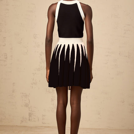 Pierina White Top Skirt Set Vertical Stripe Pattern Halterneck Gold Buttons Pleated Detailing Elasticated Waistband Terylene Spandex Knitted Thigh-Length Skirt