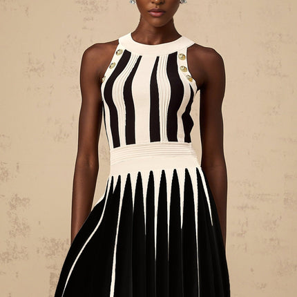 Pierina White Top and Skirt Set with Vertical Stripe Pattern and Gold-Tone Buttons