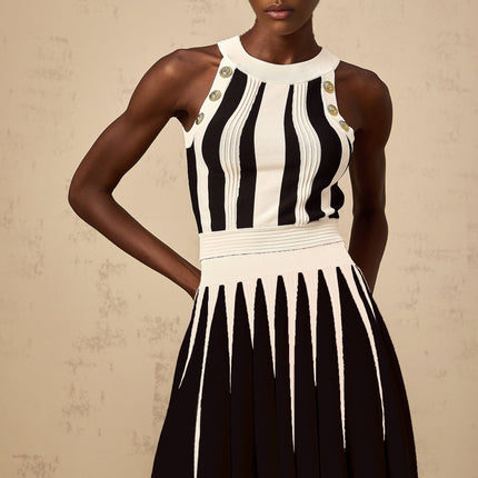 Pierina White Top Skirt Set Vertical Stripe Pattern Gold Buttons Pleated Detailing