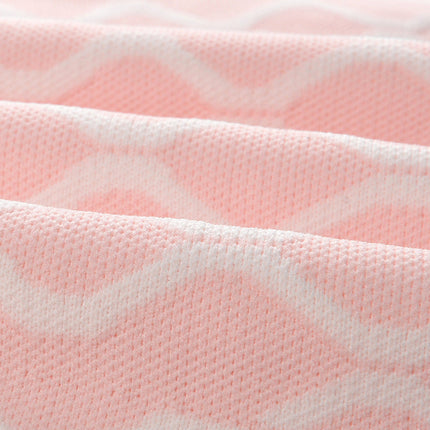 Pink A-line dress with abstract wavy pattern in soft pink and white accents tailored for hourglass shape