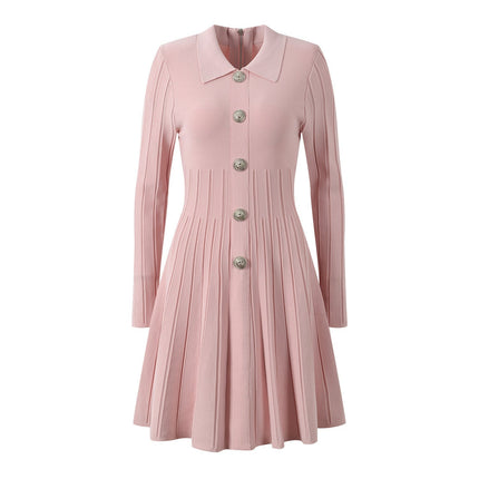 Pink A-Line Flared Skirt Long Sleeve Knit Dress with Collared Neckline and Decorative Buttons