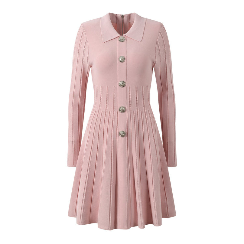 Pink A-Line Flared Skirt Long Sleeve Knit Dress with Collared Neckline and Decorative Buttons