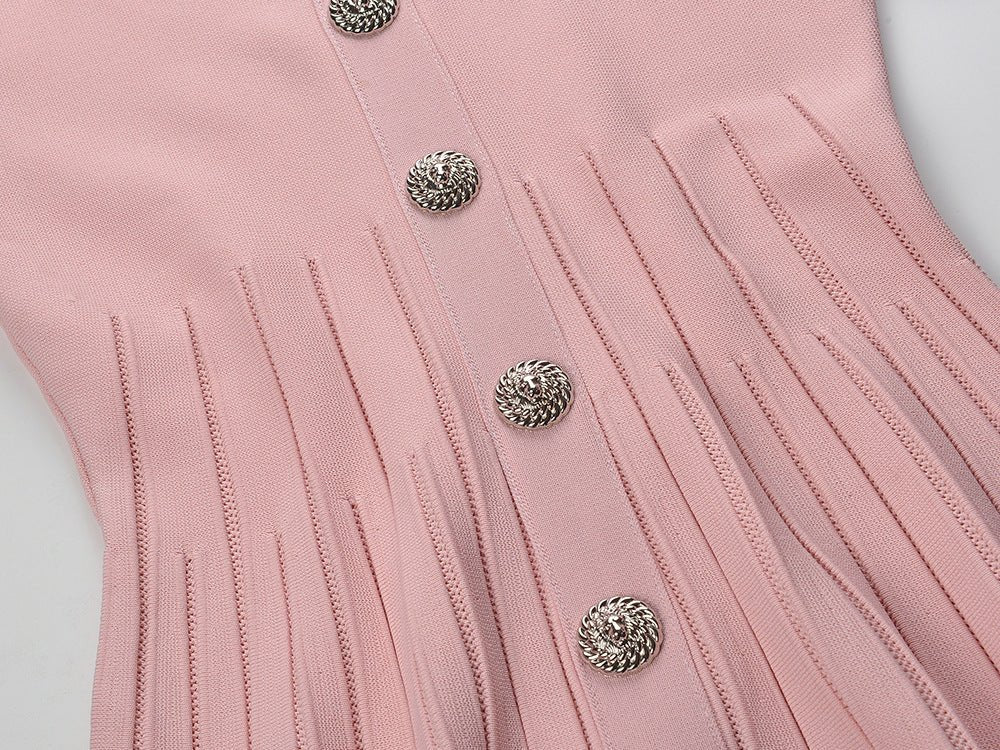 Pink A-line knit dress with long sleeves and decorative buttons