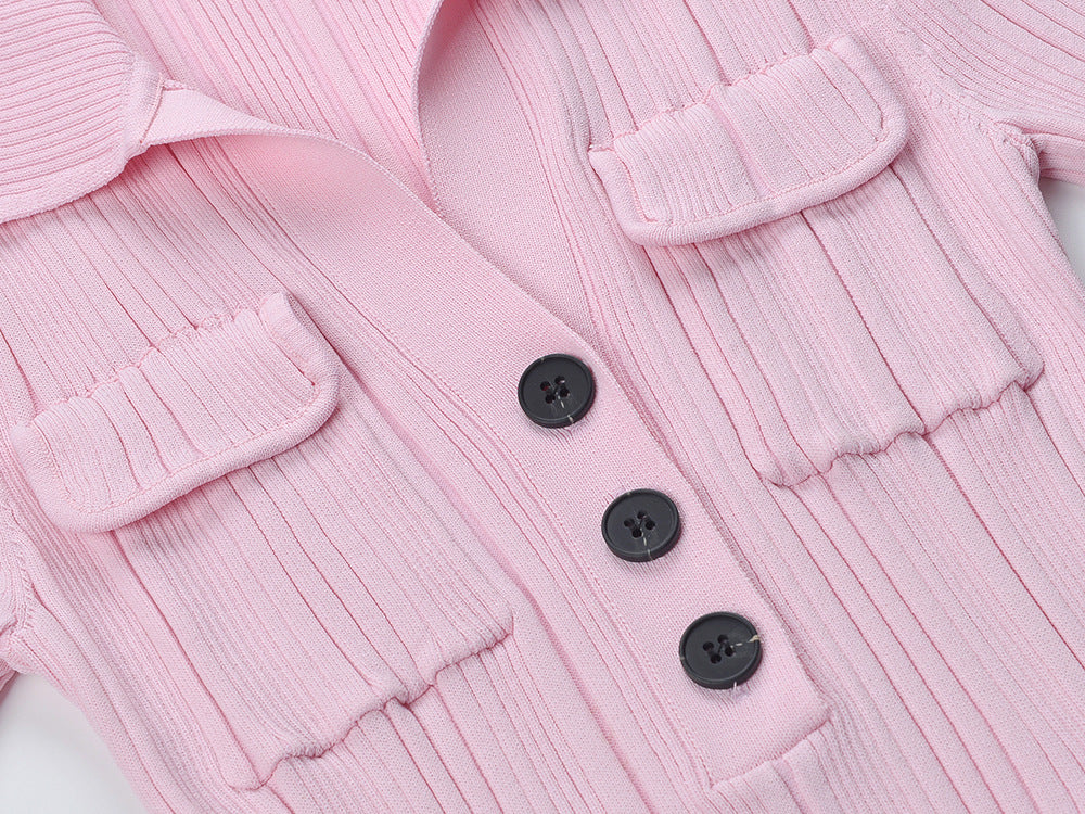 Pink A-line Polo Dress with Button Detail and Front Pockets