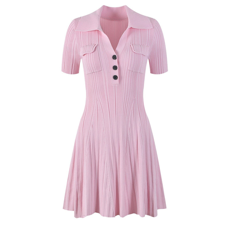 Pink A-line Polo Dress with Button Detail and Front Pockets