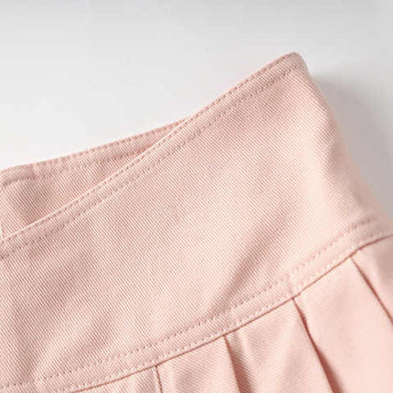 Pink high-waisted A-line skirt with double-breasted button detailing