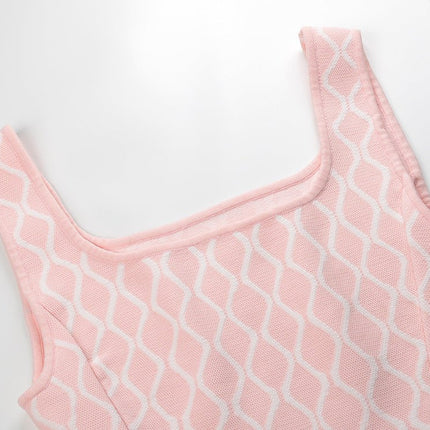 Pink Abstract Wavy Pattern A-Line Dress with White Accents