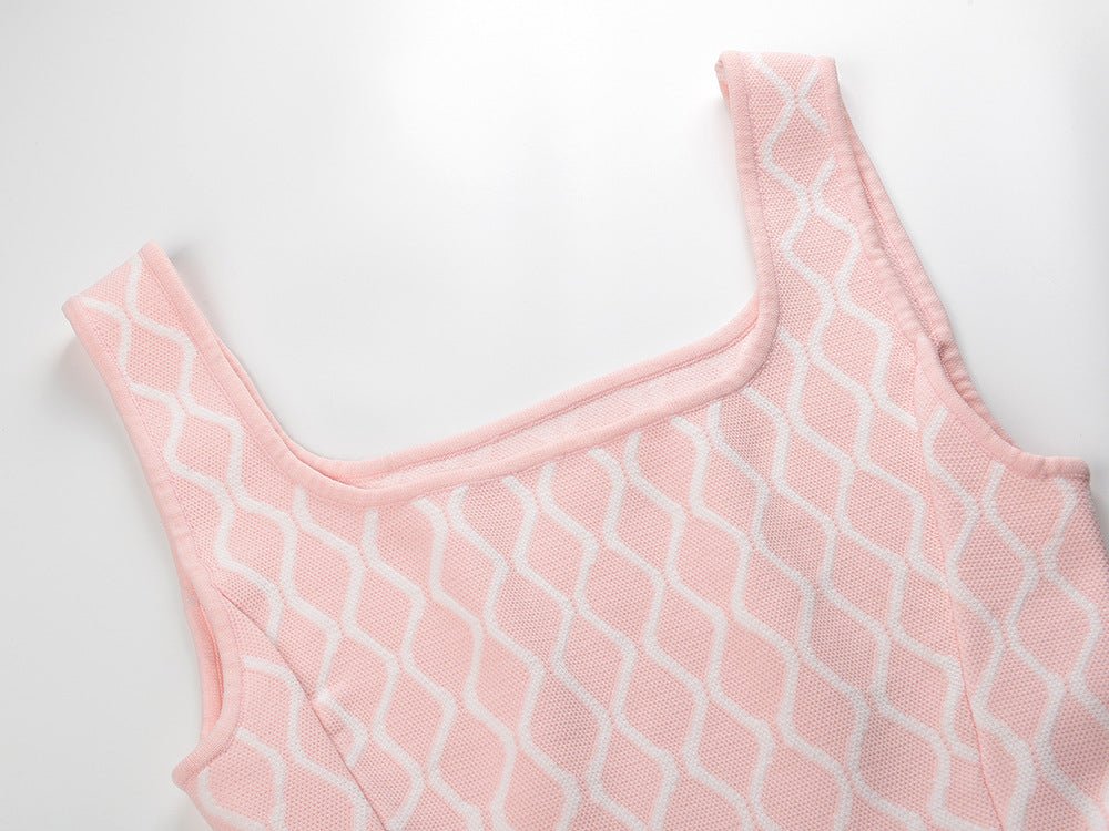 Pink Abstract Wavy Pattern A-Line Dress with White Accents