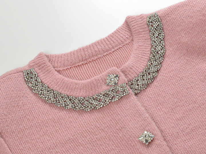 Pink beaded collar pencil skirt and cropped cardigan set