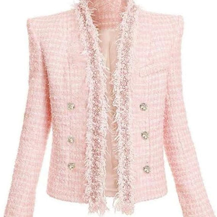 Pink Bouclé Double-Breasted Blazer with Frayed Trim and Crystal-Embellished Buttons
