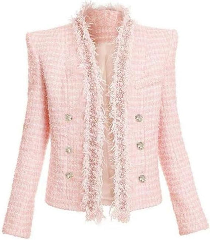 Pink Bouclé Double-Breasted Blazer with Frayed Trim and Crystal-Embellished Buttons