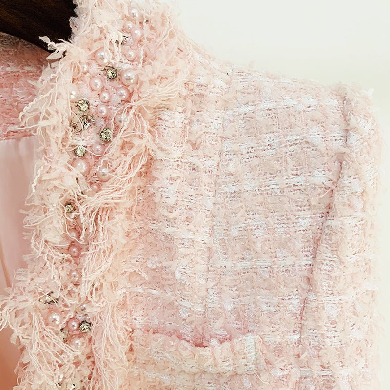 Pink Boucle Double-Breasted Blazer with Crystal-Embellished Buttons and Fringed Edges