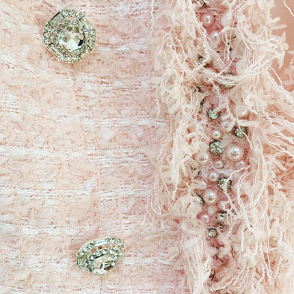 Pink Bouclé Double-Breasted Blazer with Frayed Trim and Crystal-Embellished Buttons