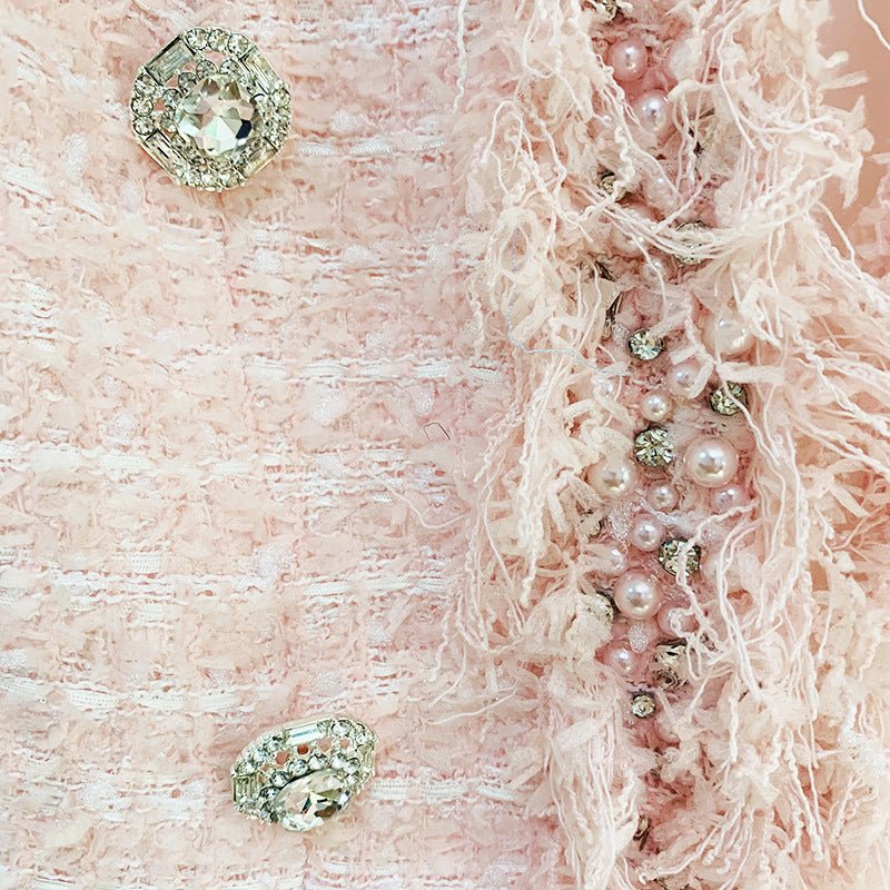 Pink Bouclé Double-Breasted Blazer with Frayed Trim and Crystal-Embellished Buttons