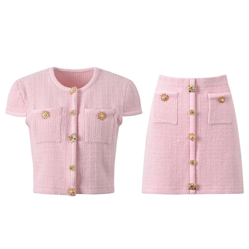 Pink Button-Up Cropped Top and Tailored Skirt Set