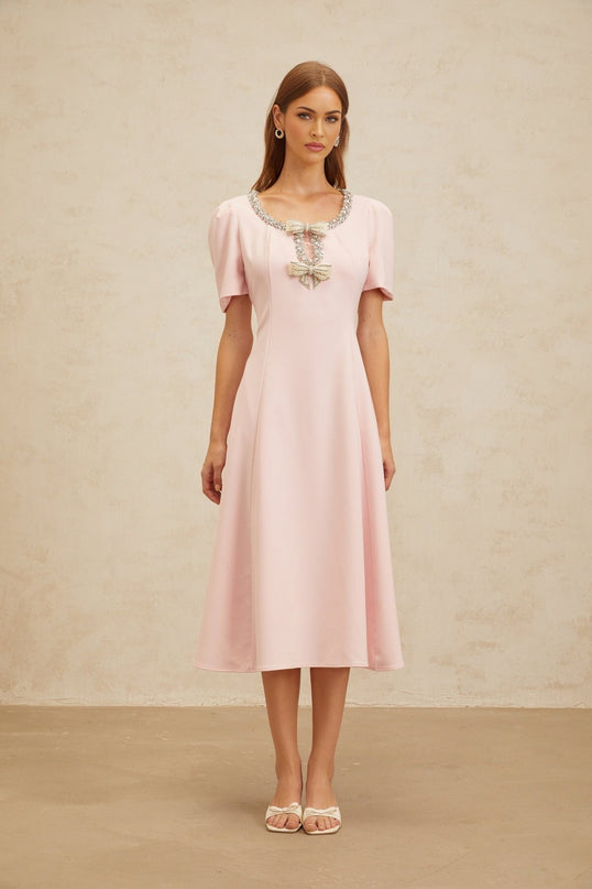Pink Cinched Waist Crystal and Faux-Pearl Embellished Midi Dress with Bow Detailing