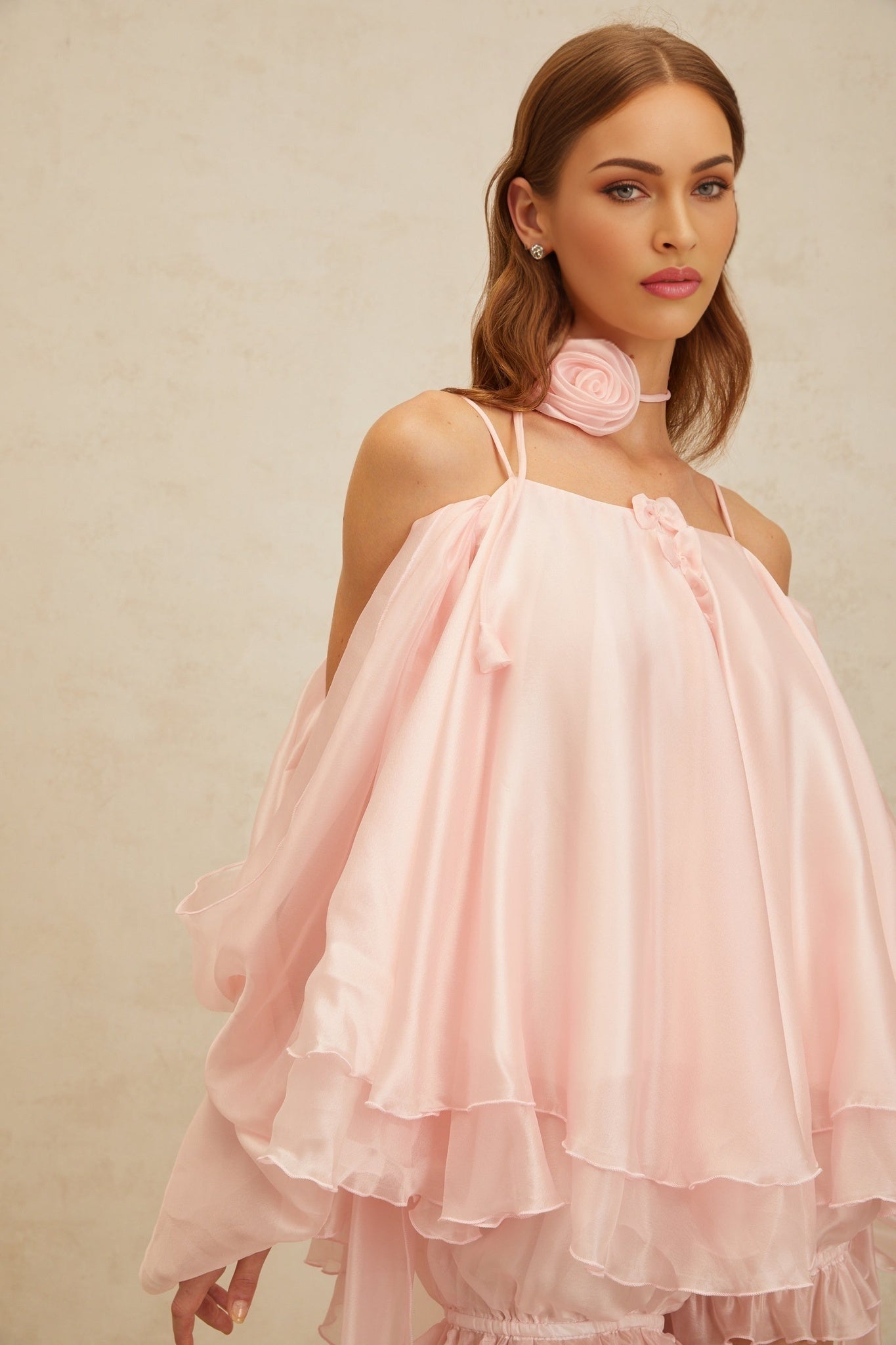 Pink Cold Shoulder Tulle Top with 3D-Petal Detailing and Ruffled Hem Shorts