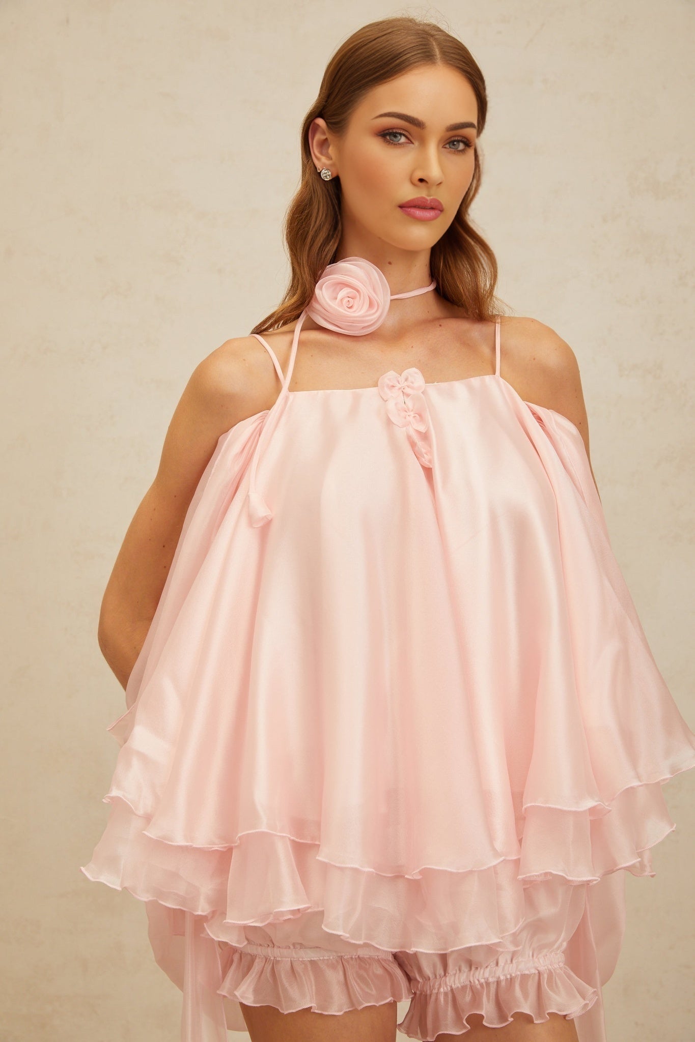 Pink Cold Shoulder Tulle Top with 3D-petal Detailing and Ruffled Hem Shorts