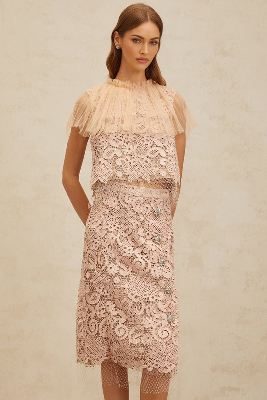 Pink Corded Lace and Tulle Crop Top and Midi Skirt Set with Crystal Embellishment