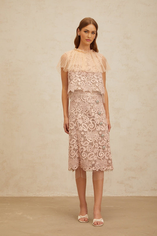 Pink Corded Lace Frilled Neck Sleeveless Crop Top and High Rise Midi Skirt with Tulle Panelling and Crystal Embellishment
