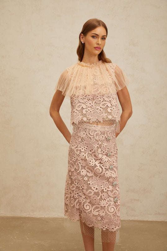 Pink Corded Lace Frilled Neck Sleeveless Crop Top and High Rise Midi Skirt Set with Tulle Panelling and Crystal Embellishment