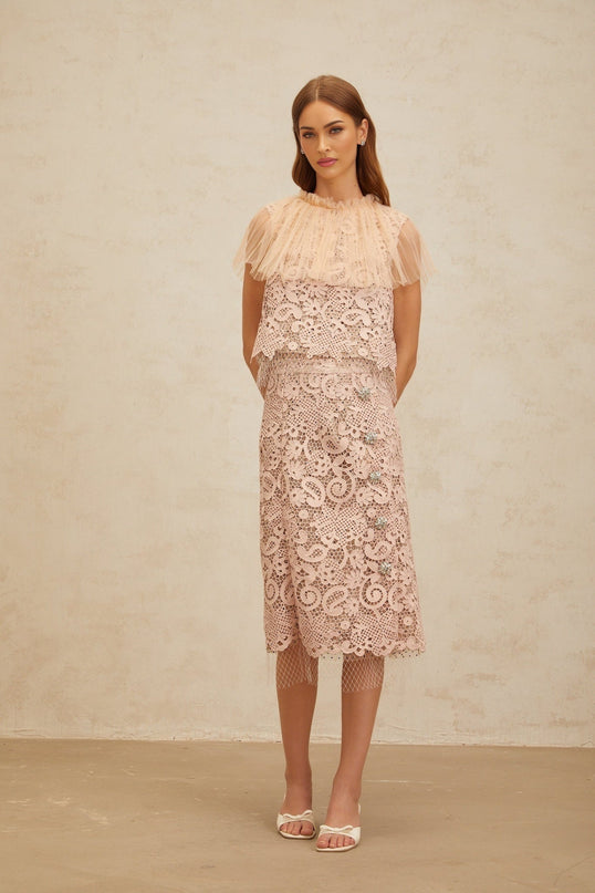 Pink Corded Lace Frilled Neck Sleeveless Crop Top and High Rise Midi Skirt Set with Tulle Panelling and Crystal Embellishment
