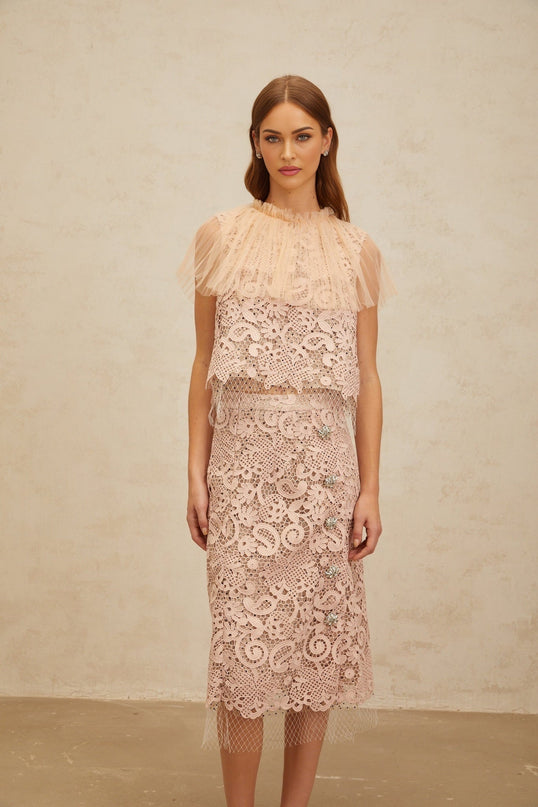 Pink Corded Lace and Tulle Cropped Top and Midi Skirt Set with Crystal Embellishment