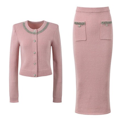 Pink Cropped Cardigan and Pencil Skirt Set with Beaded Collar and Pockets