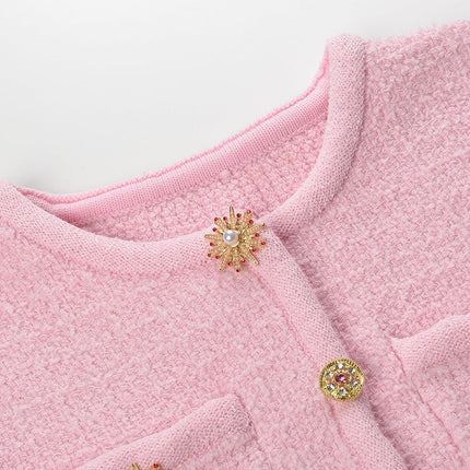 Pink Cropped Top and Tailored Skirt with Decorative Buttons