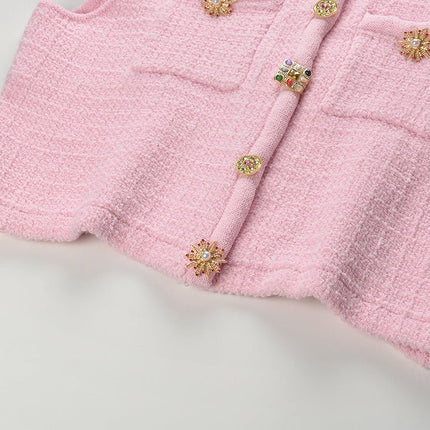 Pink Cropped Top and Tailored Skirt with Decorative Buttons