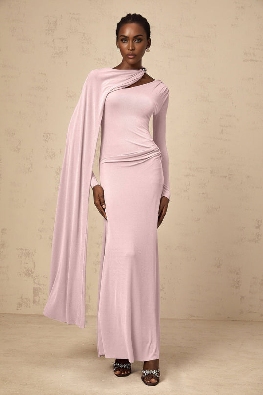 Pink diagonal shawl draped maxi dress with silver-tone hardware