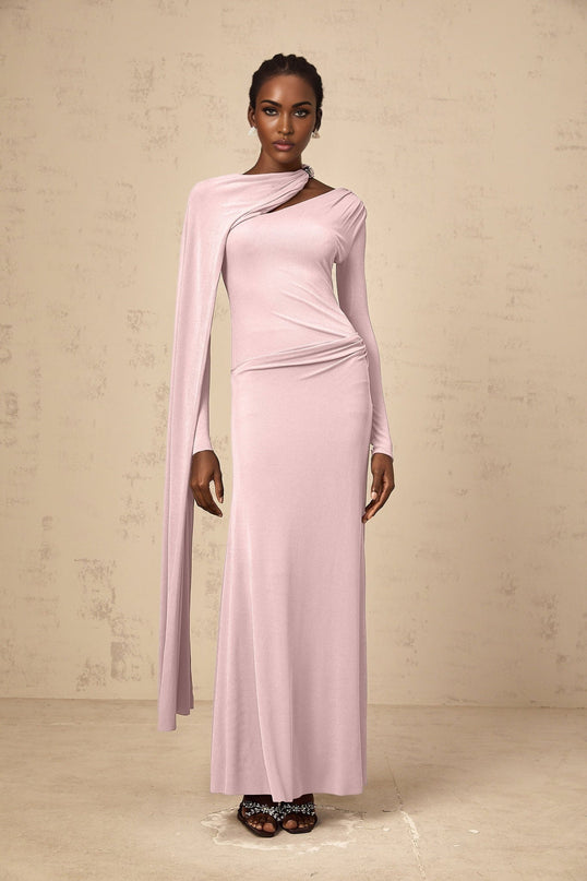 Pink diagonal shawl draped maxi dress with silver-tone hardware