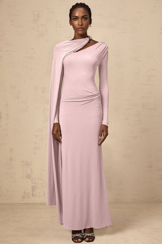 Pink Diagonal Shawl Long Sleeve Maxi Dress with Silver-tone Hardware