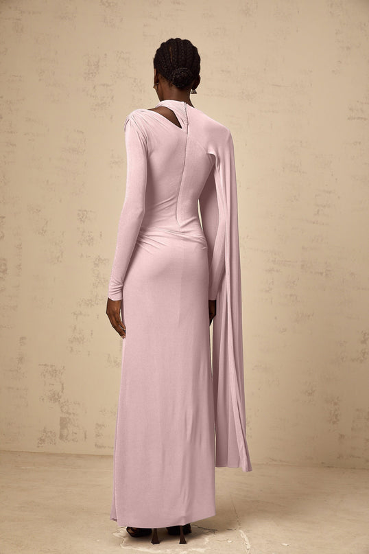 Pink diagonal shawl long sleeve maxi dress with draped and ruched detailing