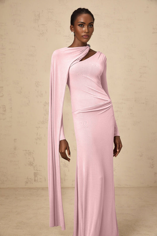 Pink Diagonal Shawl Long Sleeve Maxi Dress with Draped and Ruched Detailing