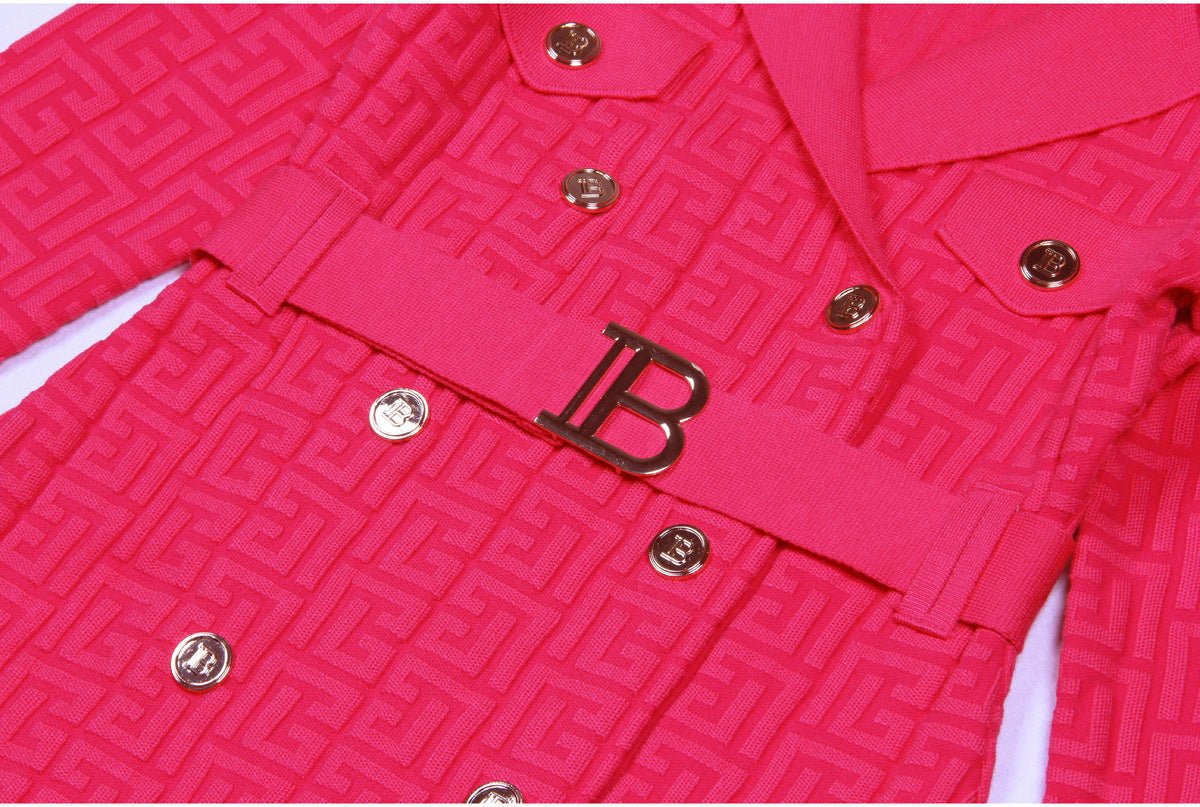 Pink double-breasted belted midi dress with embellished buttons and pockets