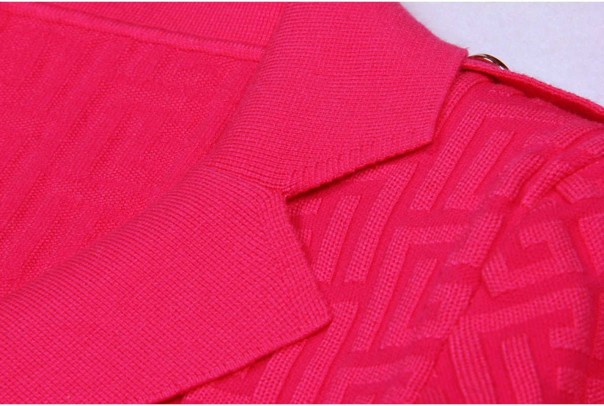 Pink double-breasted belted midi dress with embellished buttons and pockets
