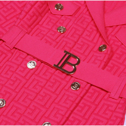 Pink double-breasted belted midi dress with embellished buttons and pockets